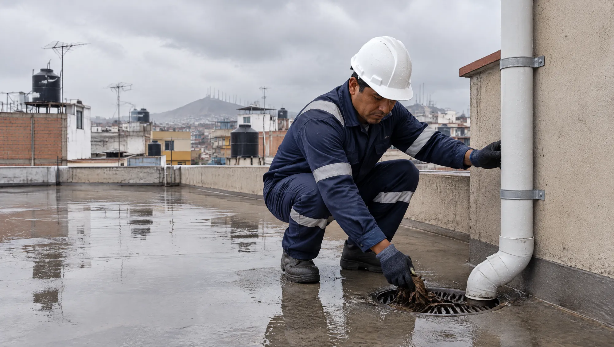 Albañil de Albañiles TS limpia el sumidero de una azotea mojada por la lluvia en Lima