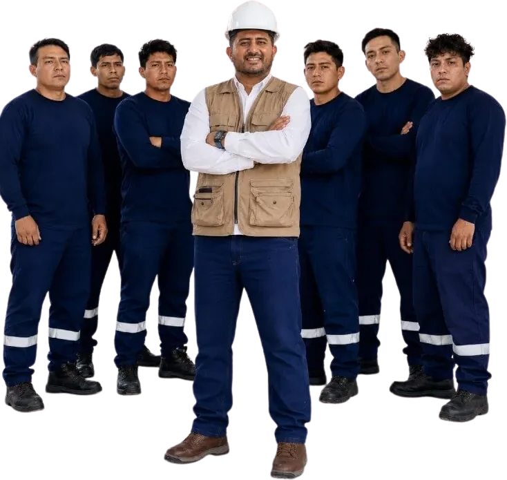 Equipo de Albañiles TS: ingeniero y operarios con el uniforme de la empresa