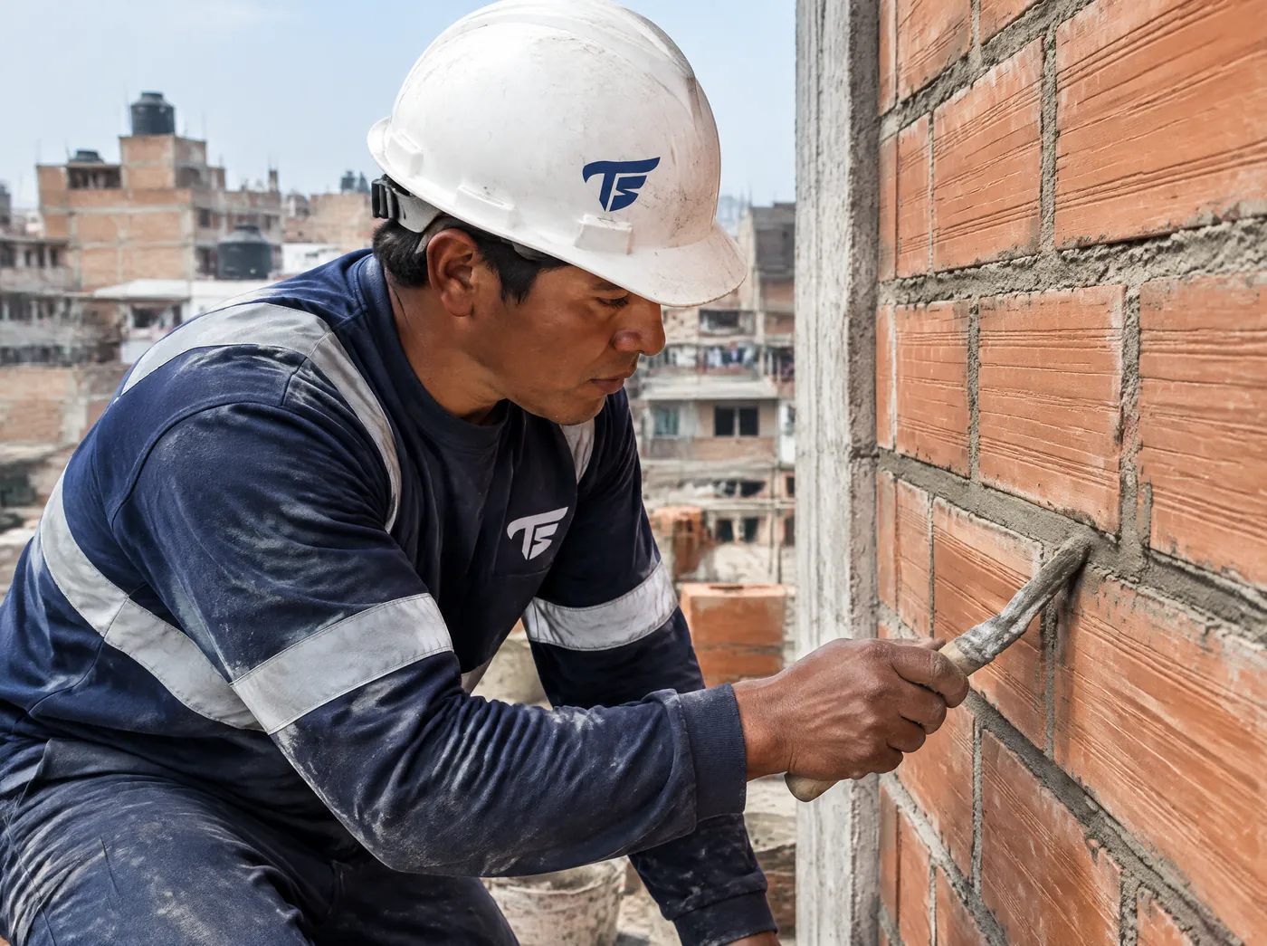Albañil de Albañiles TS terminando un muro de ladrillo caravista