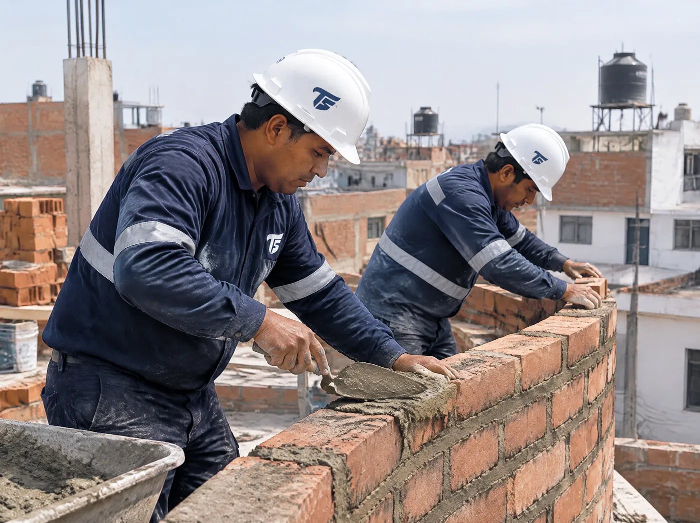 Maestros albañiles de Albañiles TS levantando un muro de ladrillo