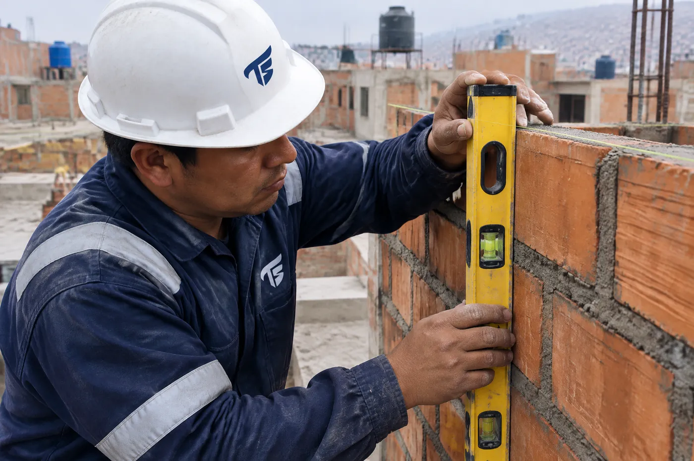 Albañil nivelando un muro de ladrillo