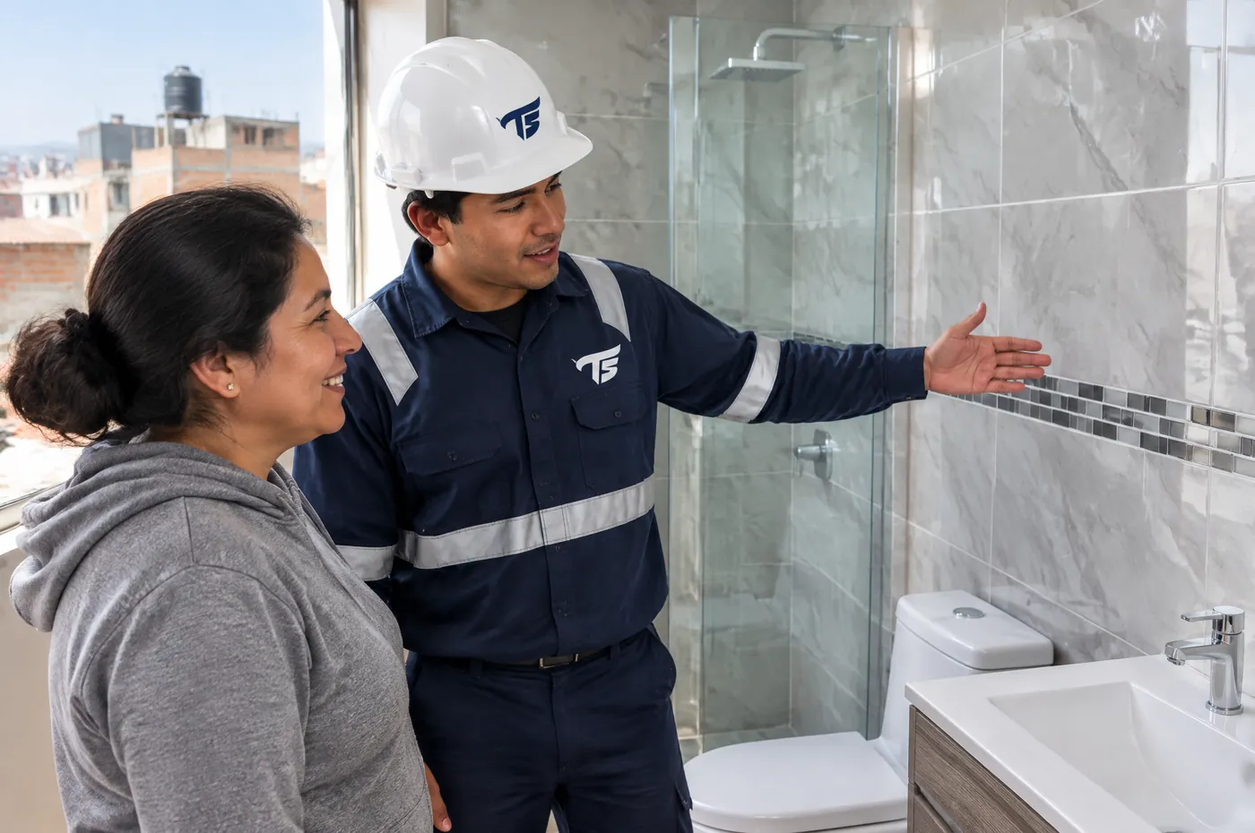 Cliente revisando el baño terminado por Albañiles TS