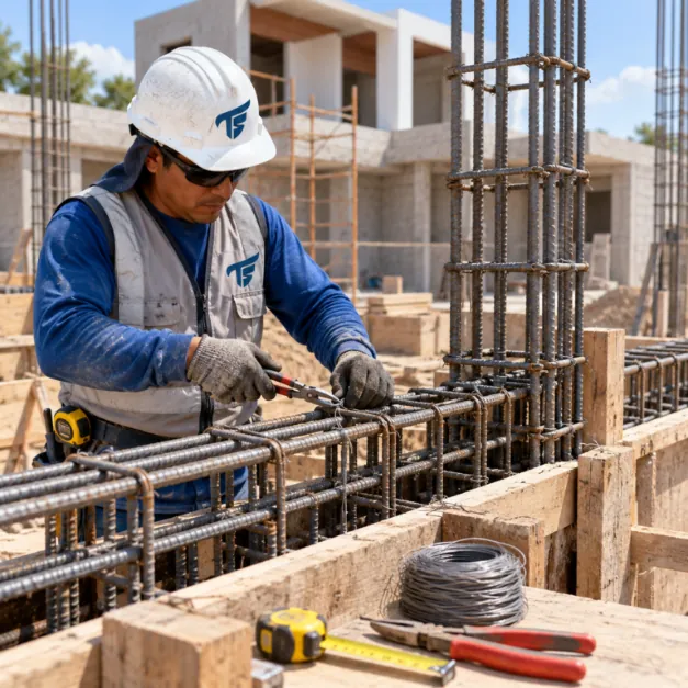 Operario con casco amarra varillas de acero dentro de un encofrado de madera, junto a un armado vertical de fierro