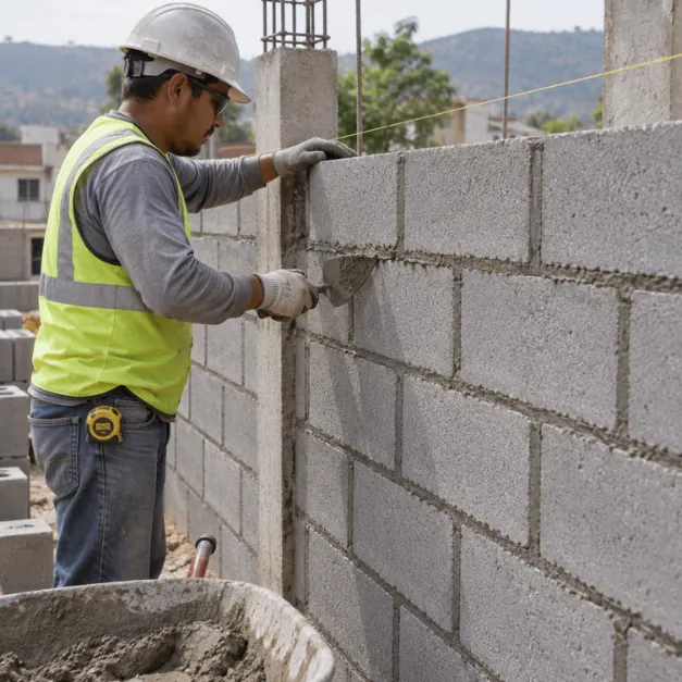 Albañil con chaleco reflectante asienta bloques de concreto con badilejo junto a una columna con fierros de espera, al aire libre