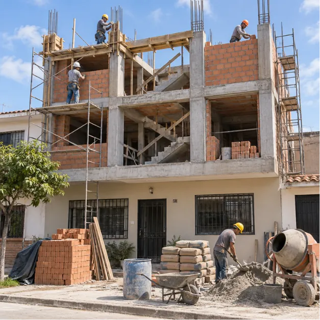 Casa de un piso terminado con dos niveles más en construcción: columnas y vigas de concreto, muros de ladrillo, andamios y obreros trabajando