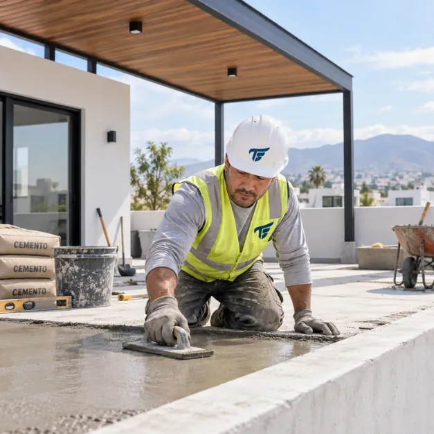Albañil con casco y chaleco nivela con una plancha una capa de concreto fresco sobre una azotea