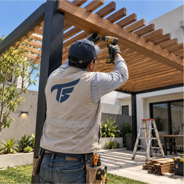 Operario atornilla las vigas de madera de una pérgola con postes metálicos negros en un patio