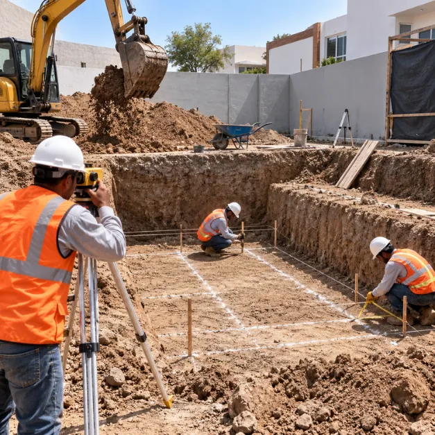 Una excavadora abre una zanja mientras un operario mide con un instrumento topográfico y otros trazan líneas en el fondo de la excavación