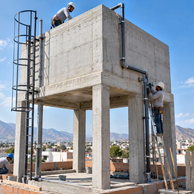 Dos operarios trabajan en un tanque elevado de concreto sobre cuatro columnas, con escalera de gato y tuberías adosadas