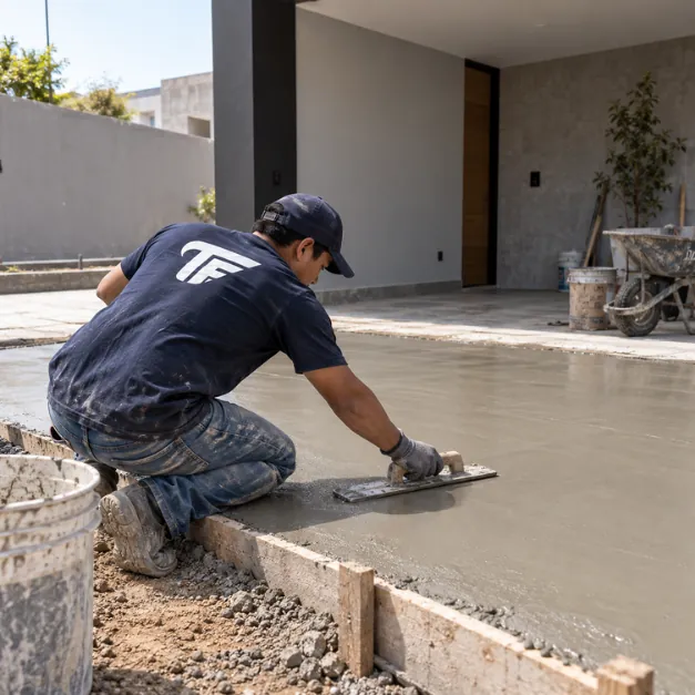 Operario nivela con una plancha el concreto fresco del piso de una cochera