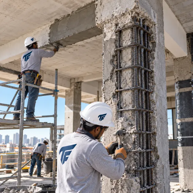 Operarios con casco trabajan junto a una columna de concreto picada rodeada por una nueva armadura de fierro