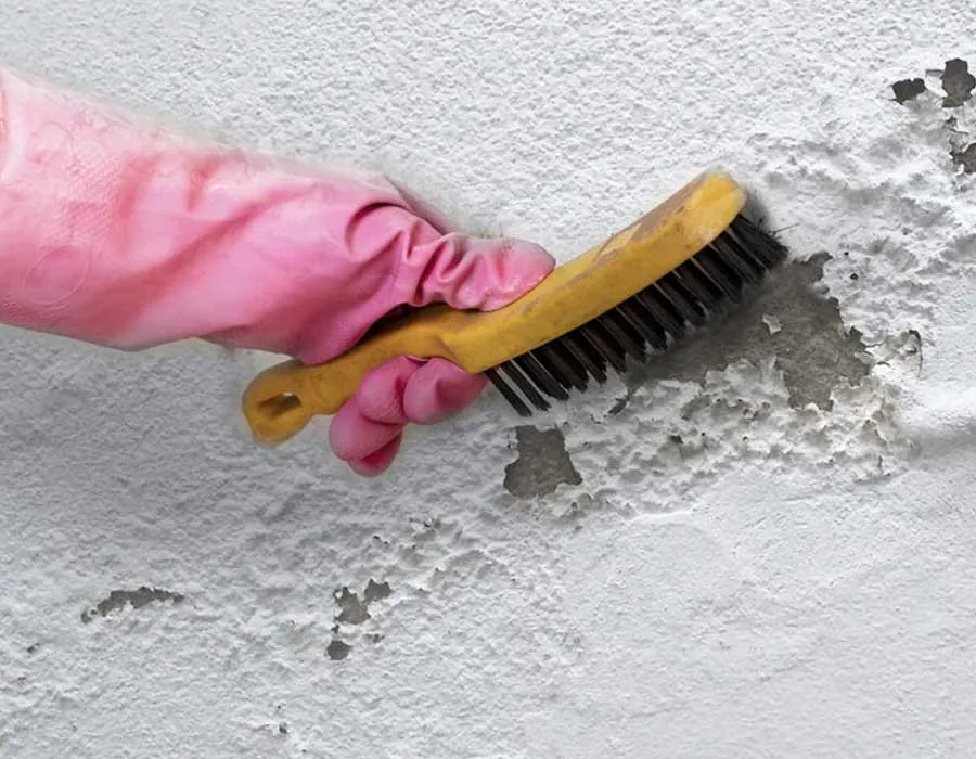Mano con guante cepilla con escobilla las sales blancas y la pintura suelta de una pared